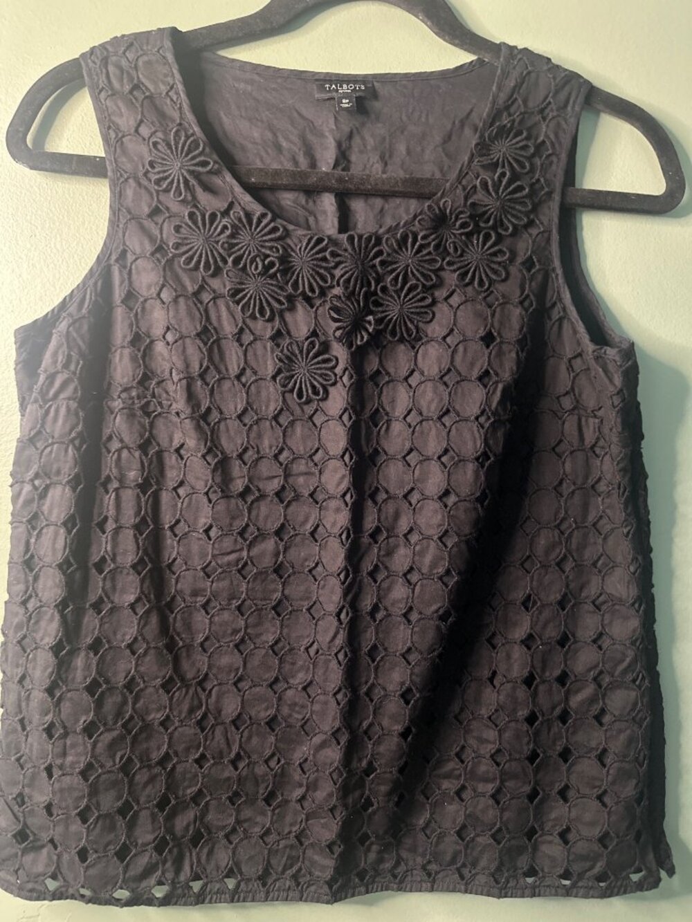 Talbots Size 8P Sleeveless Cotton Blouse Embroidered Collar Zip Back Top